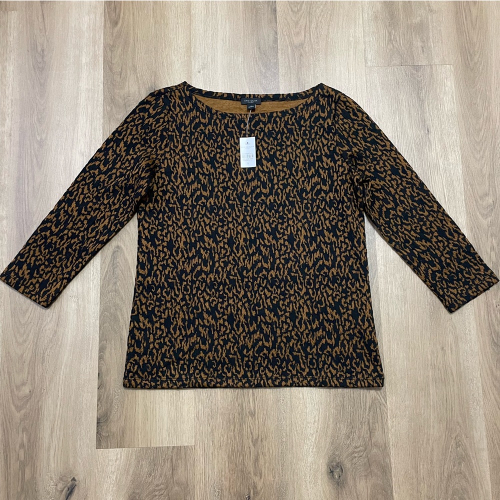 NWT Ann Taylor Factory Brown & Black Patterned 3/4 Sleeve Top Shirt, Small